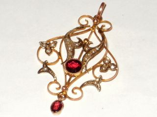 Antique Art Nouveau 9ct Gold Pendant Lavalier With Garnets And Seedpearls