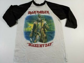 Vtg 1986 Iron Maiden Make My Day Stranger In A Strange Land Tour Raglan T Shirt