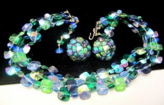 Rare Vintage 16 " X1/2 " Signed Vogue Peacock Glass Bead Necklace & 1 " Earring Set