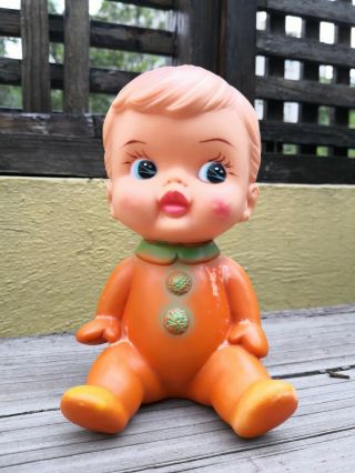 Vtg Rare Mexican Rubber Squeaky 6.  5 " Toy Doll In Orange Pajamas Blue Eyes Squeak