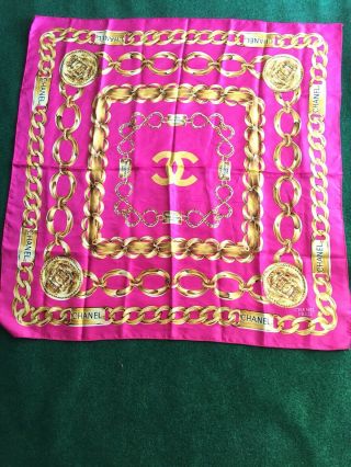 Rare Vintage Chanel Paris Pink Silk Scarf Classic Gold Chain