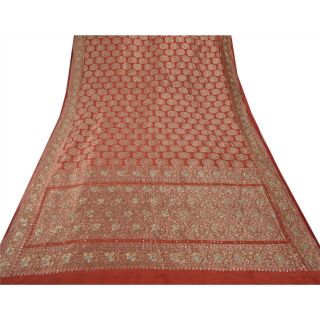 Sanskriti Vintage Pink Heavy Saree Pure Silk Woven Hand Bead Brocade Fabric Sari 4