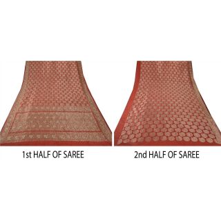 Sanskriti Vintage Pink Heavy Saree Pure Silk Woven Hand Bead Brocade Fabric Sari 7