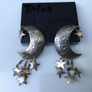 Vintage 1990 Tabra Moon And Star Dangle Earrings Signed