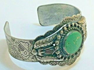 Vintage Navajo Sterling Silver & Turquoise Kachina Cuff Bracelet - Very Old - Heavy
