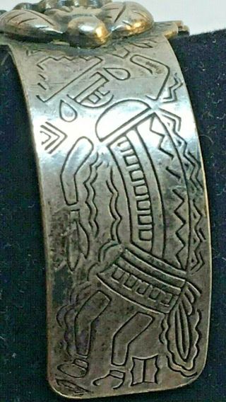 Vintage NAVAJO Sterling Silver & Turquoise KACHINA Cuff Bracelet - Very Old - Heavy 5