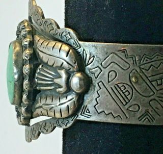 Vintage NAVAJO Sterling Silver & Turquoise KACHINA Cuff Bracelet - Very Old - Heavy 7