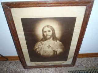 Rare Vintage Religious Picture Framed Sacred Heart Of Jesus,  Antique,  Framed