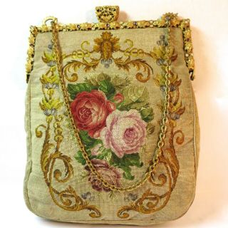 Antique Vintage Petit Point Purse Jewelled Frame Bag Handbag
