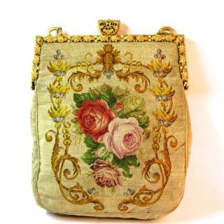 Antique Vintage Petit Point Purse Jewelled Frame Bag Handbag 2