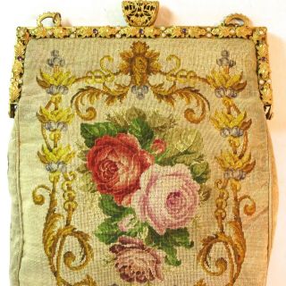 Antique Vintage Petit Point Purse Jewelled Frame Bag Handbag 3