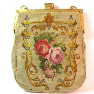 Antique Vintage Petit Point Purse Jewelled Frame Bag Handbag 4