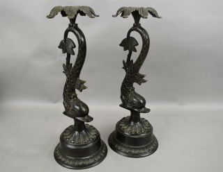 Antique Japanese Dolphin Fish Bronze Tall Candlestick Holders 14.  5 " Tall
