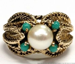 14k Yellow Gold Cultured Pearl Turquoise Vintage Mid Century Ladies Ring Size 7