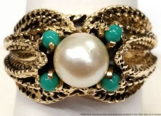14K Yellow Gold Cultured Pearl Turquoise Vintage Mid Century Ladies Ring Size 7 2