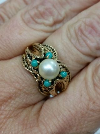 14K Yellow Gold Cultured Pearl Turquoise Vintage Mid Century Ladies Ring Size 7 3