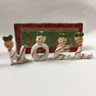 Vintage Noel Pixie Angels Candle Holders Candy Cane Made In Japan Box
