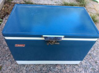 Vintage 1970s Coleman Large Metal Cooler Ice Chest Box Blue W/ Bottle Openers.