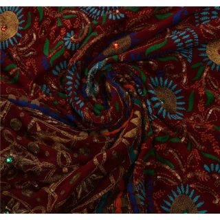 Sanskriti Vintage Red Heavy Saree Pure Georgette Silk Hand Beaded Fabric Sari 4