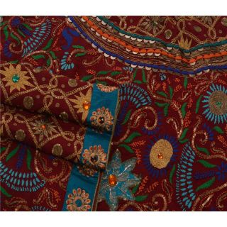 Sanskriti Vintage Red Heavy Saree Pure Georgette Silk Hand Beaded Fabric Sari 7