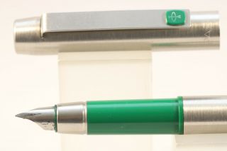 Vintage (c1970) Parker 25 Fine Fountain Pen,  Stainless Steel With Green Trim
