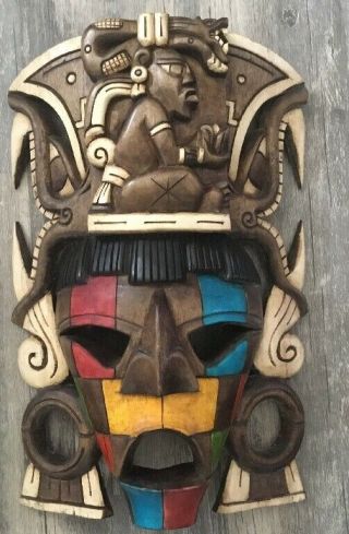 Vintage Handcarved Wooden Mayan Mask/wall Art Colorful Design 17’’