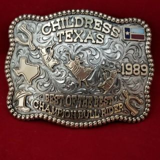 Rodeo Buckle Vintage 1989 Childress Texas Bull Riding Champ.  Signed Engraved 704