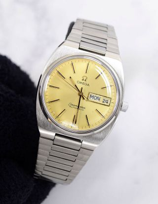 VINTAGE OMEGA SEAMASTER AUTO CAL1020 DAY&DATE YELLOW GOLD DIAL MEN ' S WATCH 6