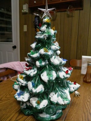 Vintage 16” Green Ceramic Lighted Snow Flocked Christmas Tree Atlantic Mold