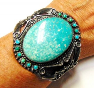 Huge Vtg Navajo Old Mine 8 Turquoise & Sterling Silver Bracelet Marked