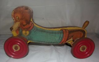 Gong Bell Toy Co.  Wood Pull Wiener Dog 1940s Vintage 11 Inch Long