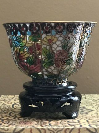 Vintage Chinese Plique A Jour Enamel Stained Glass Floral Sm Bowl 2 " H 3 " D -