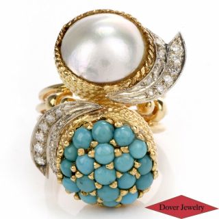 Vintage Diamond Turquoise Mabe Pearl 18k Gold Cocktail Ring 18.  1 Grams Nr