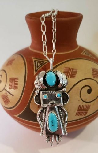Vintage Native American Sterling Silver Turquoise Signed Kachina Pendant