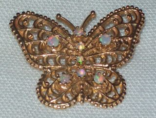 Vintage Az 14k Yellow Gold Opal Accent Filigree Butterfly Pin