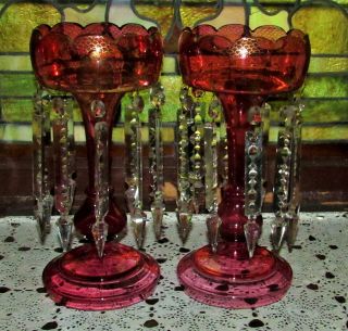 Antique Victorian Tall Cranberry Mantle Lustres / Lusters Late 1800 