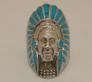 52 - Mens Vintage Navajo Native American Indian Chief Ring - Silver & Turquoise