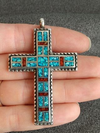 Vtg Navajo Old Pawn Turquoise & Coral Chip Inlay Sterling Silver Cross Pendant