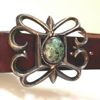 Vintage Navajo Sand Cast Silver And Turquoise Belt & Buckle