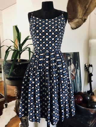 Vintage 50s Cotton Navy Blue White Geometric Mid - Century Modern Pattern Sundress