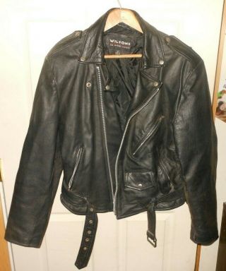 Vintage Wilsons Black Heavy Leather Biker Motorcycle Jacket Men 