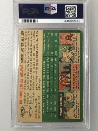 1954 TOPPS 1 TED WILLIAMS PSA 4 HOF Vintage Baseball Card Red Sox VG, 2