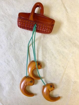 Rare Vintage Bakelite Basket Dangling Fish Pin Brooch