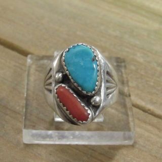Vintage Sterling Silver Turquoise And Coral Ring Size 7.  25
