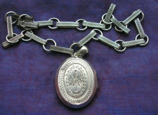 Large Antique Victorian Silver Locket On Ornate Book Chain Collar