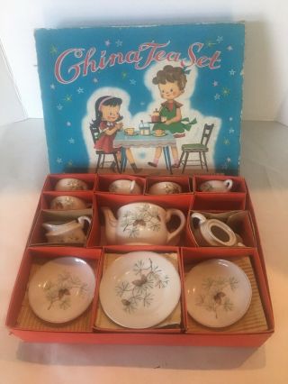 20 Piece Hand Decorated Child’s Toy China Tea Set Made In Japan Pine Cone Motif