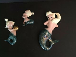 Vtg 1960s Set/3 Freeman Mcfarlin Mermaids Wall Hanging Plaques Iridescent Green