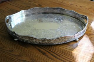 Vintage British Silver On Copper Footed Gallery Oval Tray With Handles