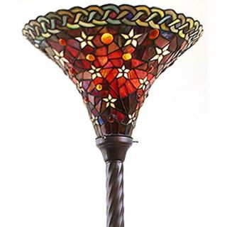 Tiffany Style Vintage Reading Floor Lamp Torchiere Star Red Stained Glass 72 " H