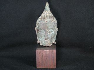 Vintage Bronze Cast Sukhothai Buddha Head On Solid Teak Display Stand